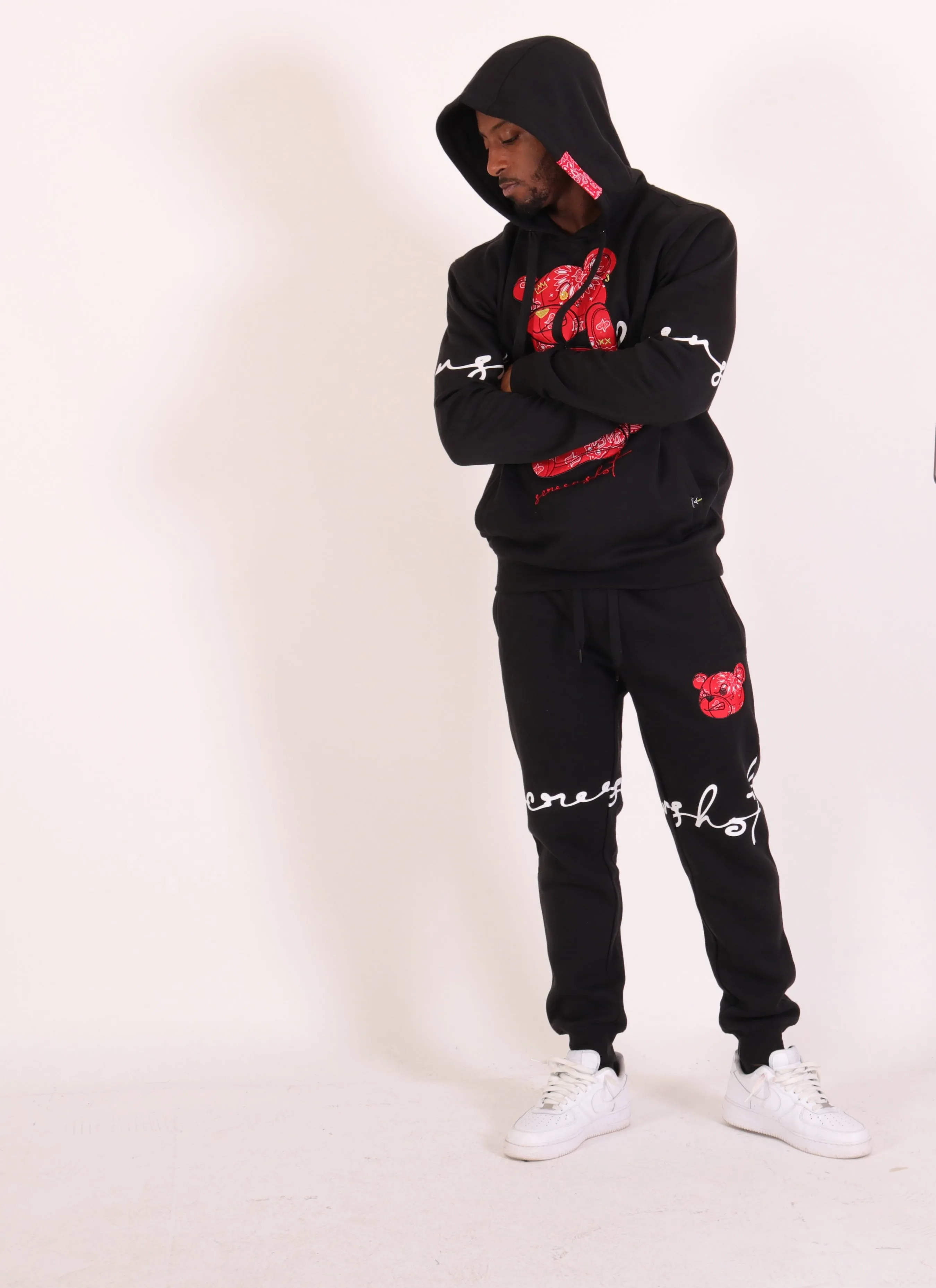 BANDANA BEAR FLEECE HOODIE-H1122(BLAC/RED)