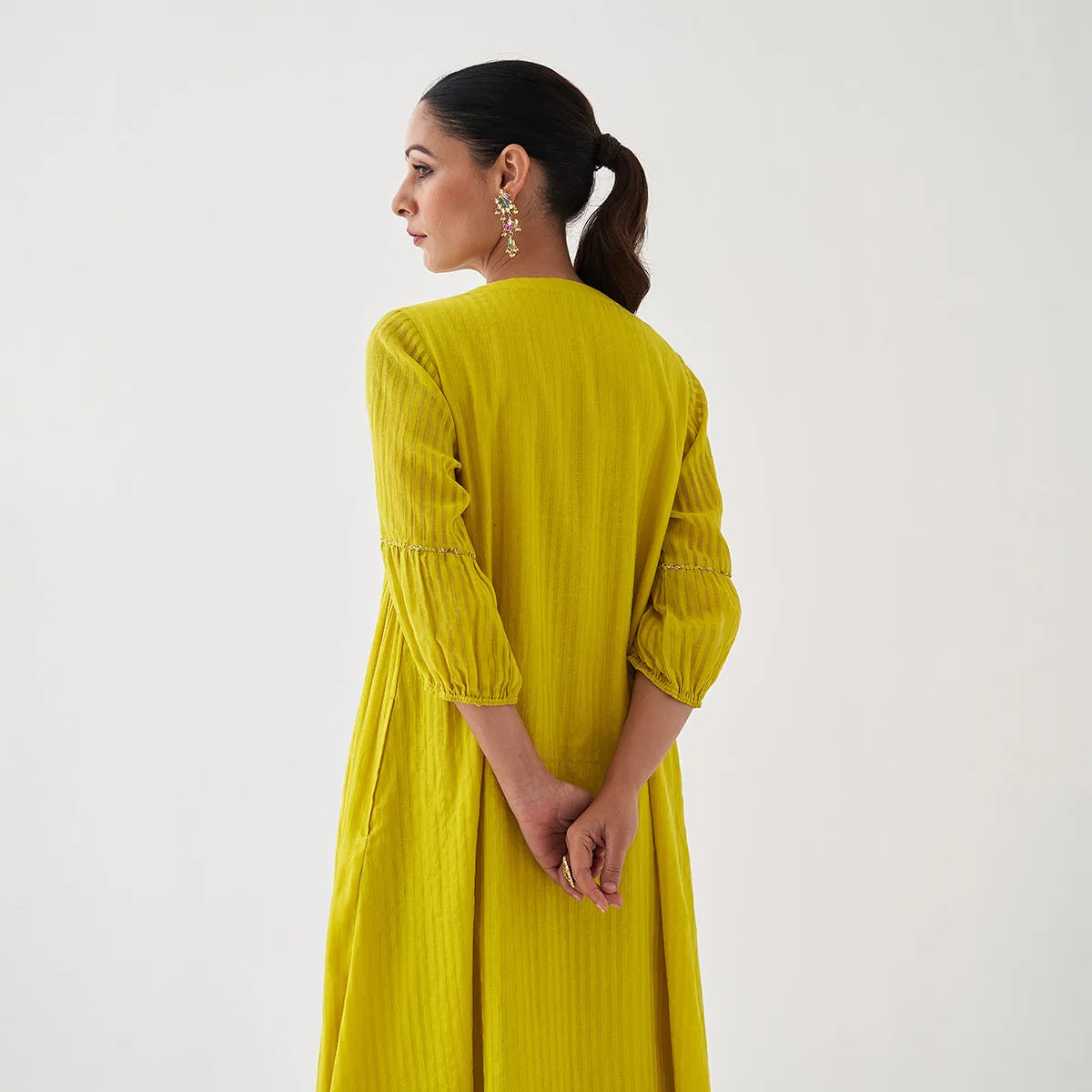 Chanderi Cotton Kaftan Kurta Set & Dupatta | Yellow