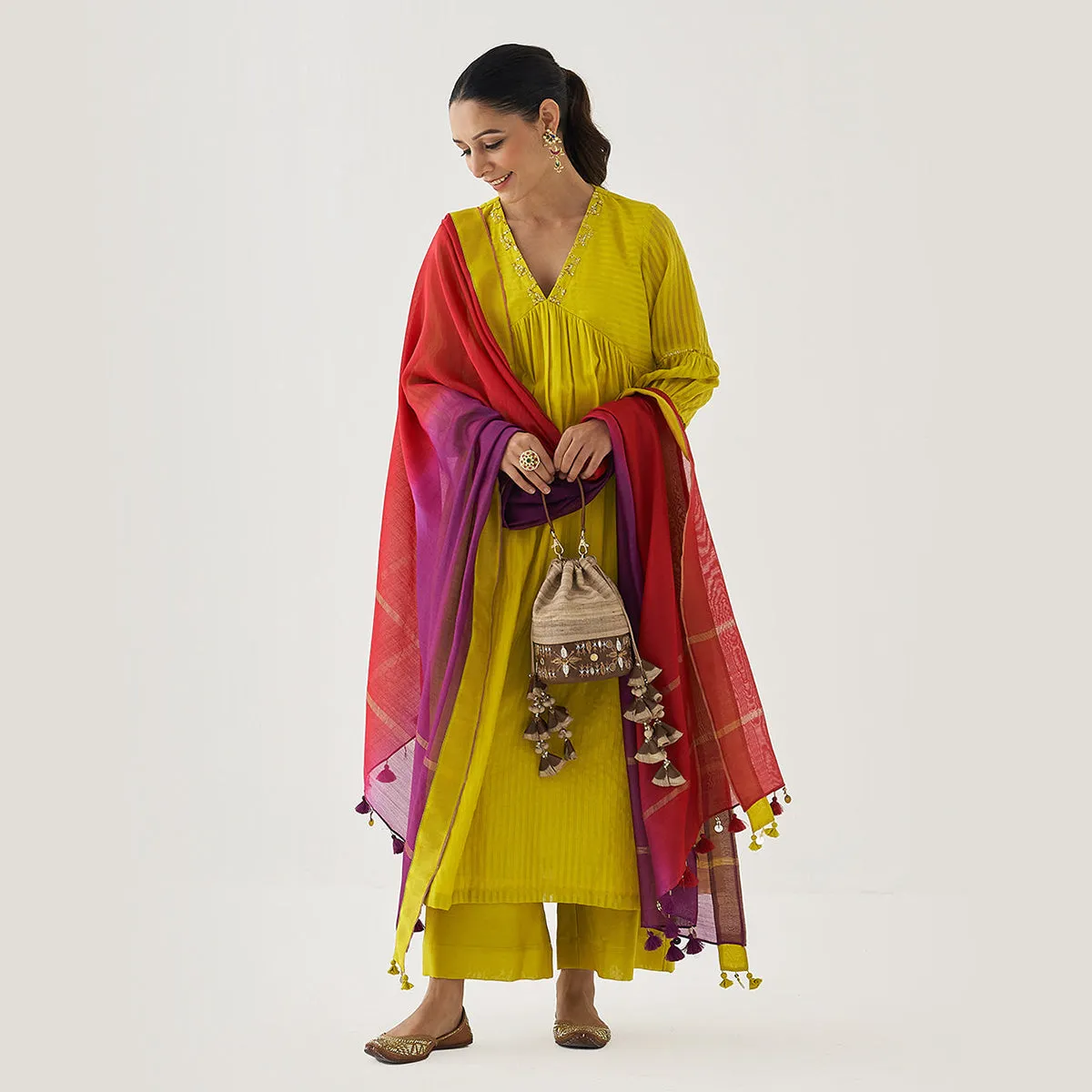 Chanderi Cotton Kaftan Kurta Set & Dupatta | Yellow