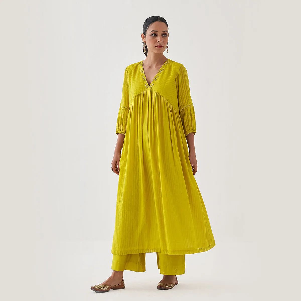 Chanderi Cotton Kaftan Kurta Set & Dupatta | Yellow