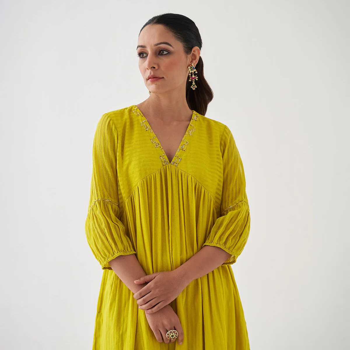 Chanderi Cotton Kaftan Kurta Set & Dupatta | Yellow