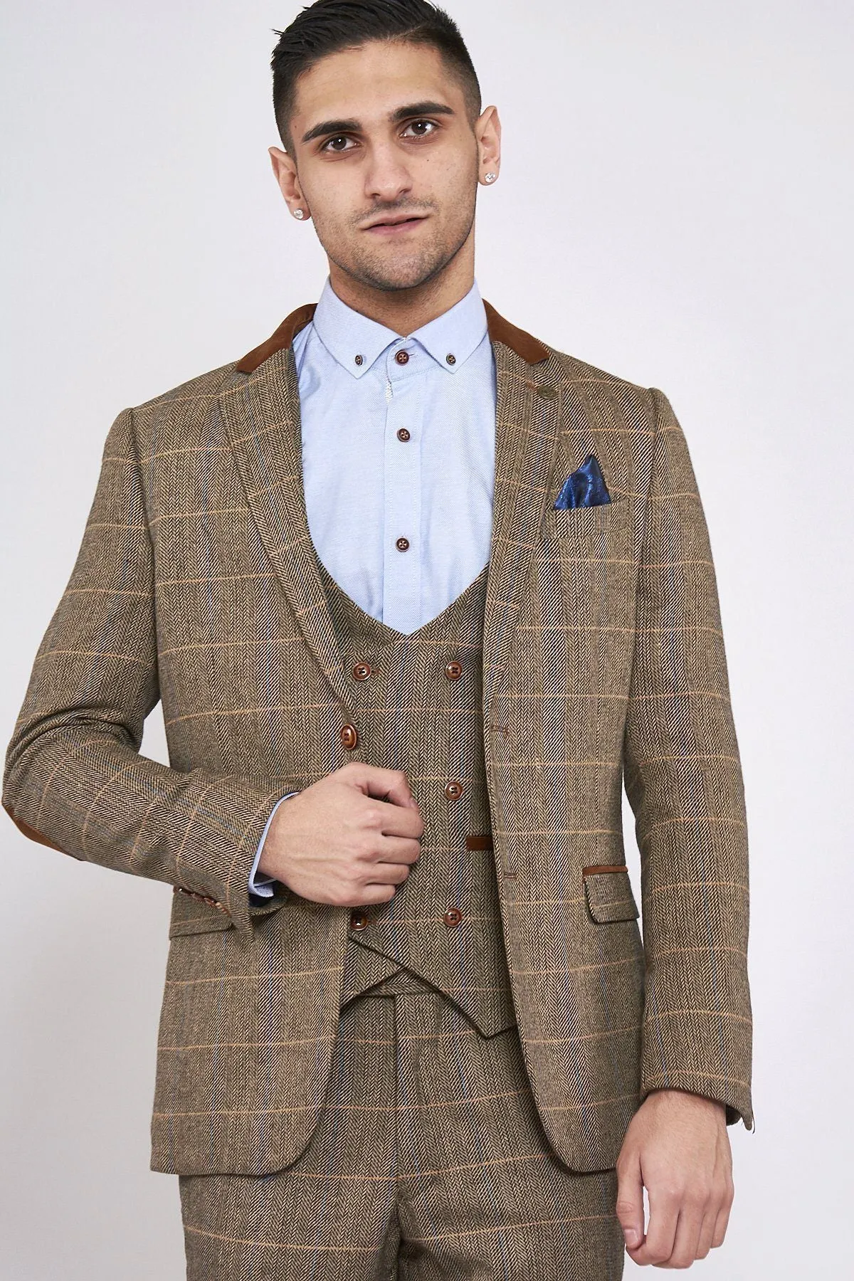 DX7 Brown Tweed Jacket and Double Breasted Waistcoat Set  | Check Suit | Wedding Wear | Office Wear