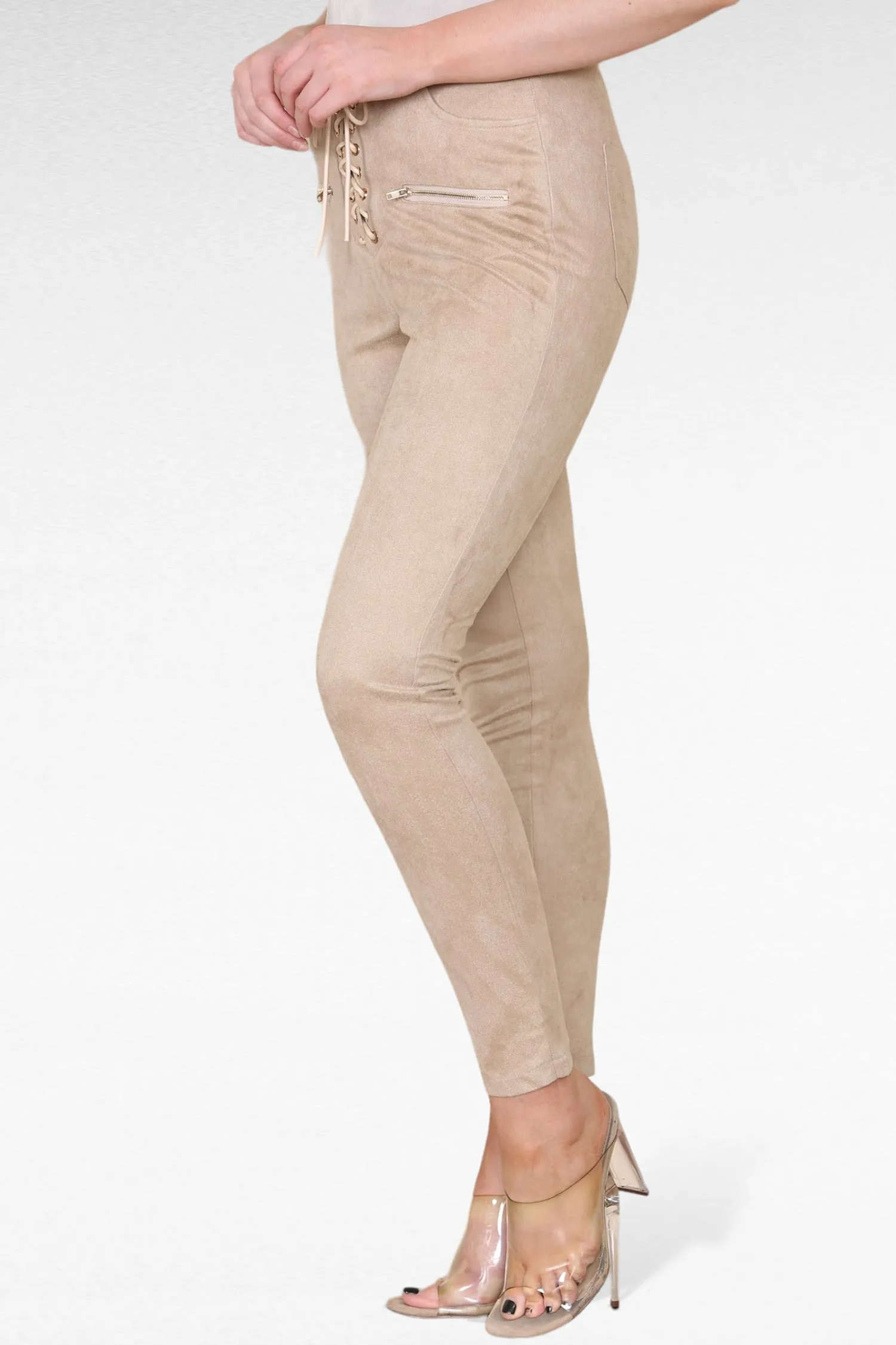 Faux suede lace up front tie skinny leg trousers