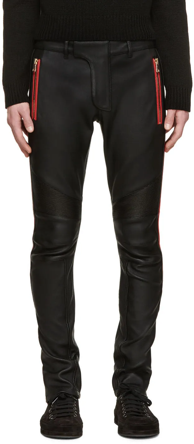 Men's Black Leather Pants with Bold Red Accents MP29