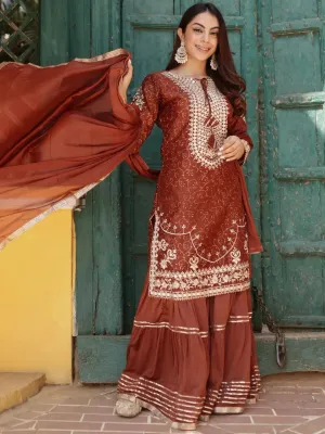 Rust Yoke Design Silk Blend Straight Kurta With Sharara & Dupatta