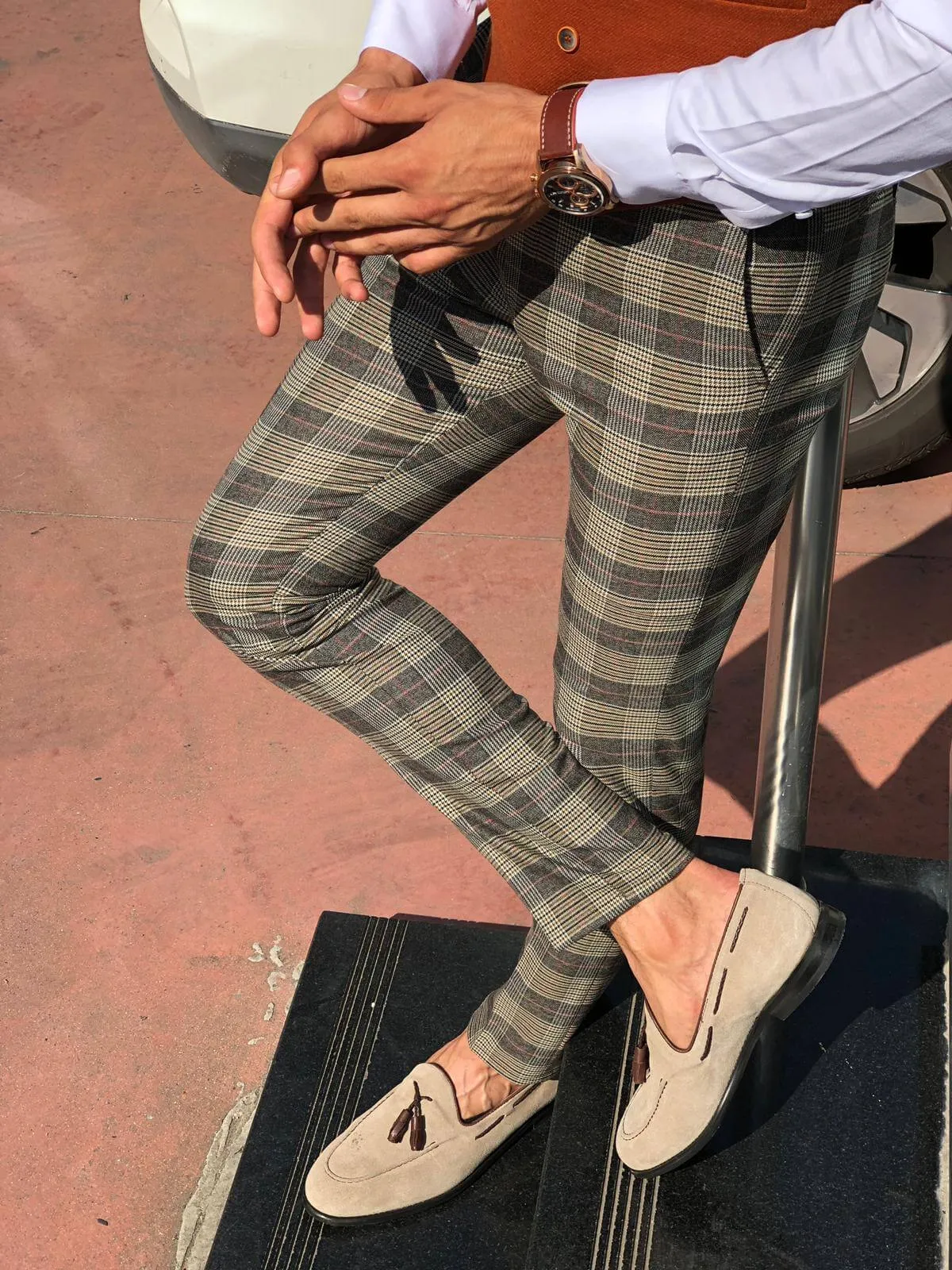 Slim-fit plaid fabri pants camel