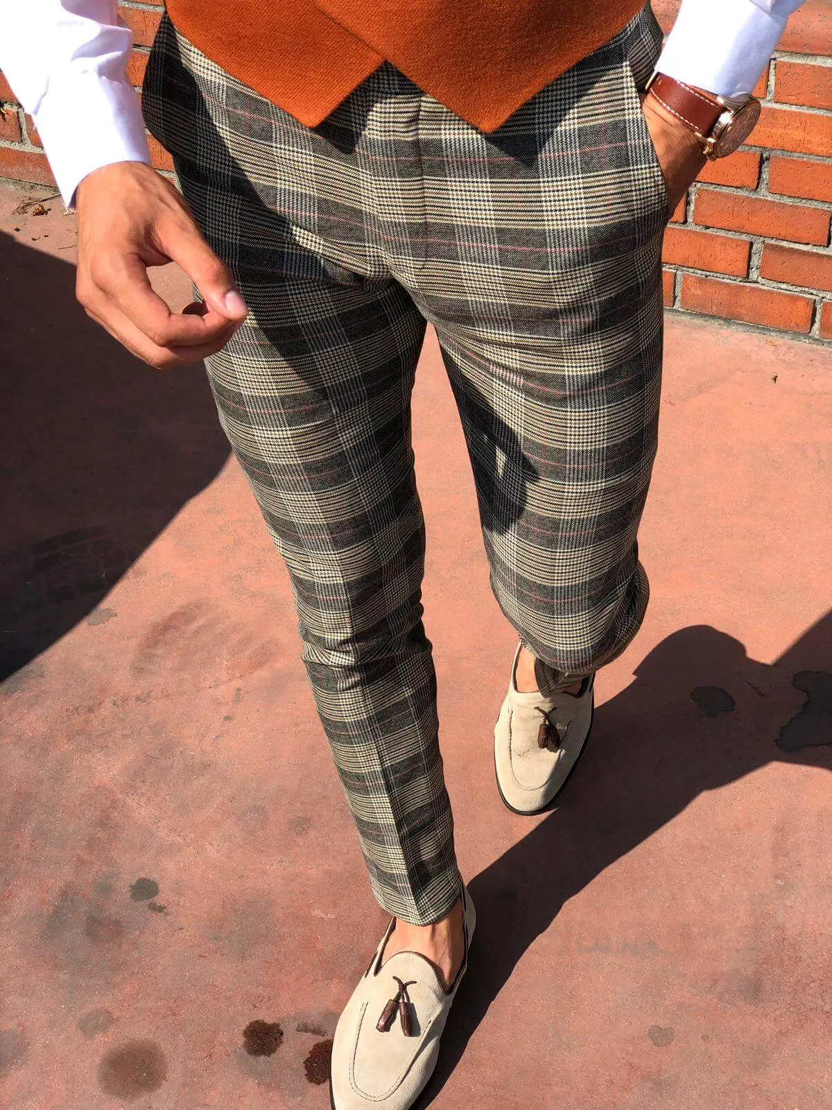 Slim-fit plaid fabri pants camel