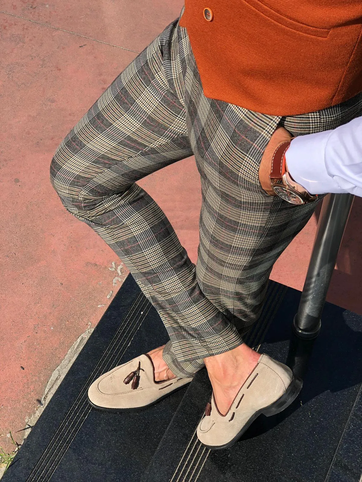 Slim-fit plaid fabri pants camel