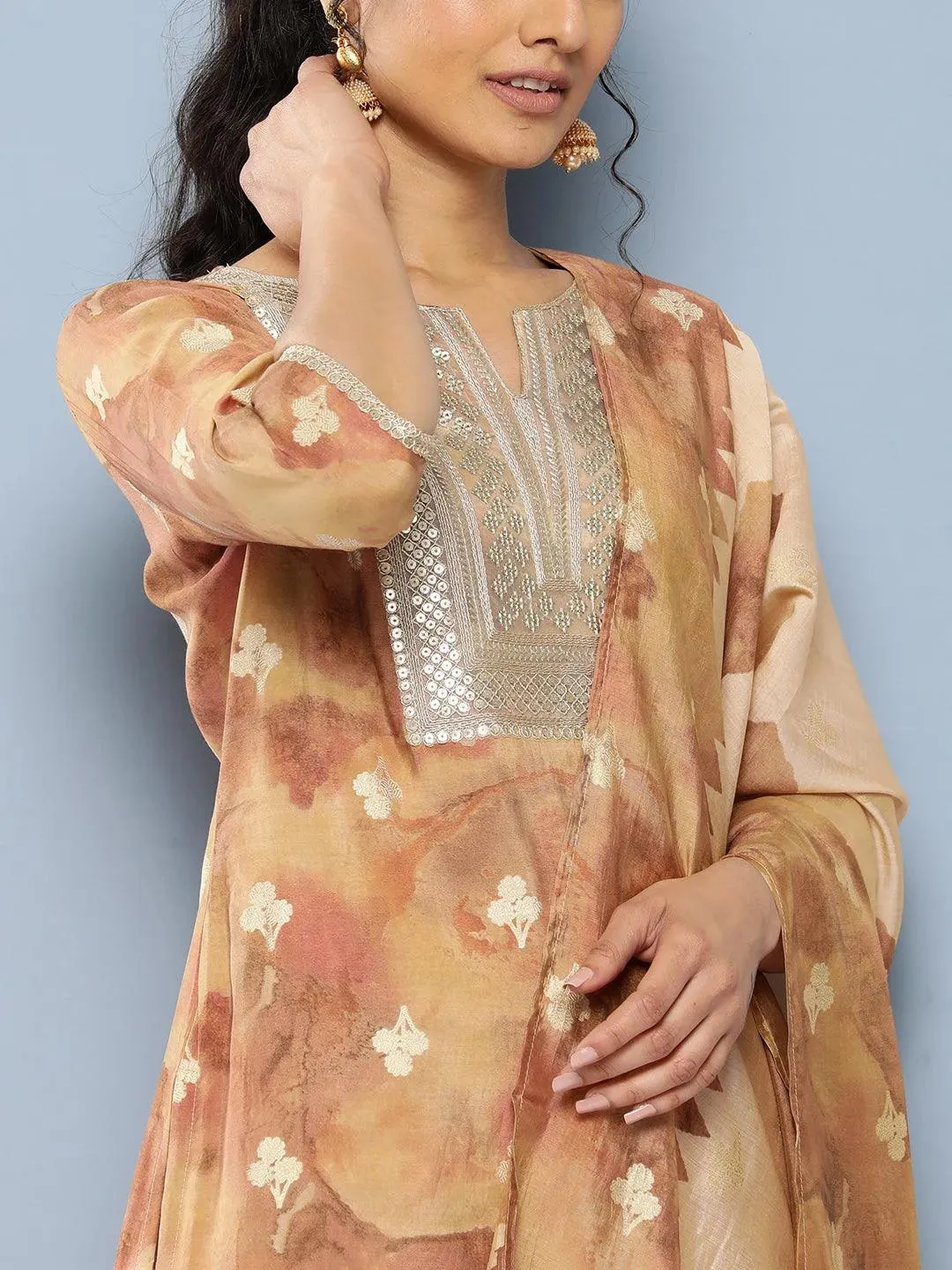 Tan Yoke Design Silk Blend Straight Kurta With Trousers & Dupatta