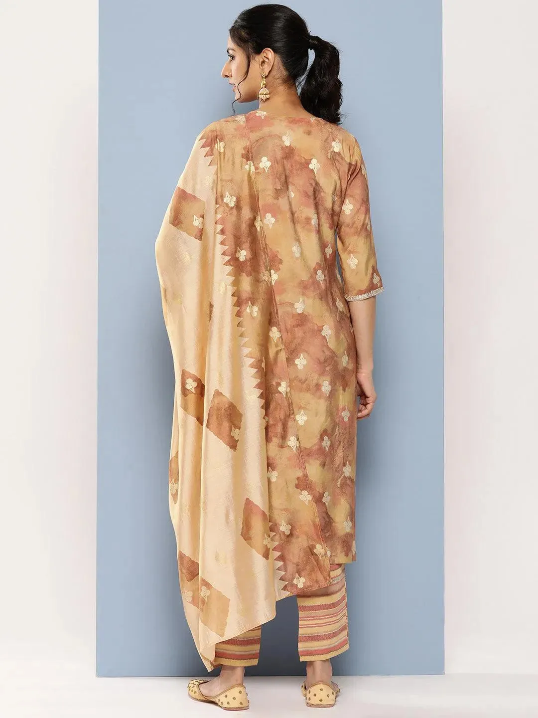 Tan Yoke Design Silk Blend Straight Kurta With Trousers & Dupatta