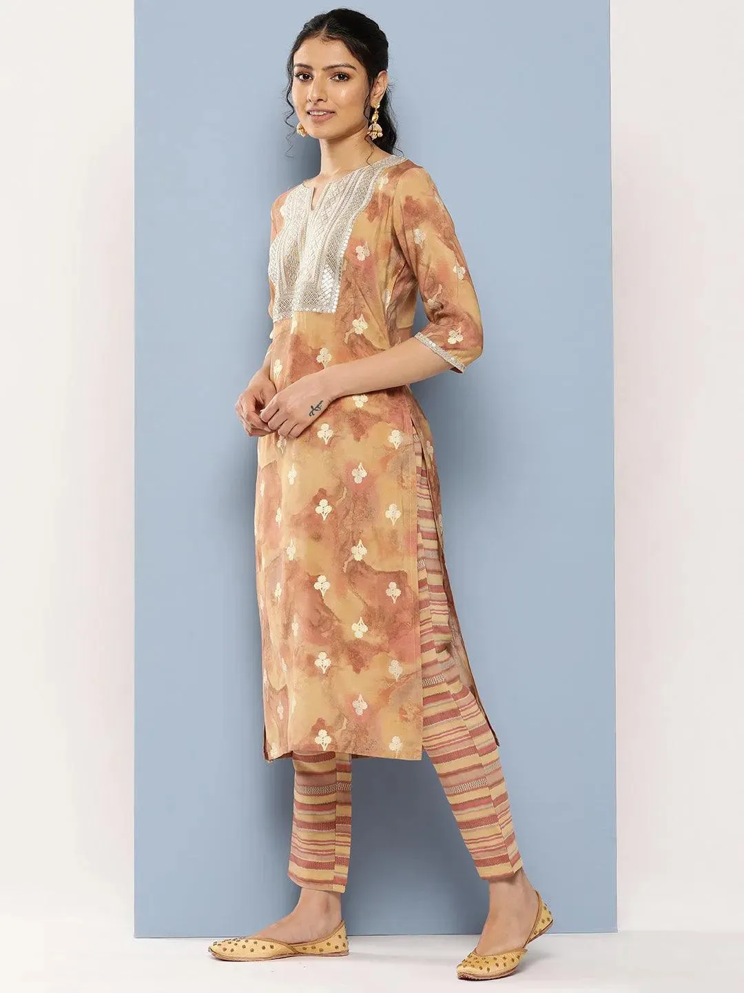 Tan Yoke Design Silk Blend Straight Kurta With Trousers & Dupatta