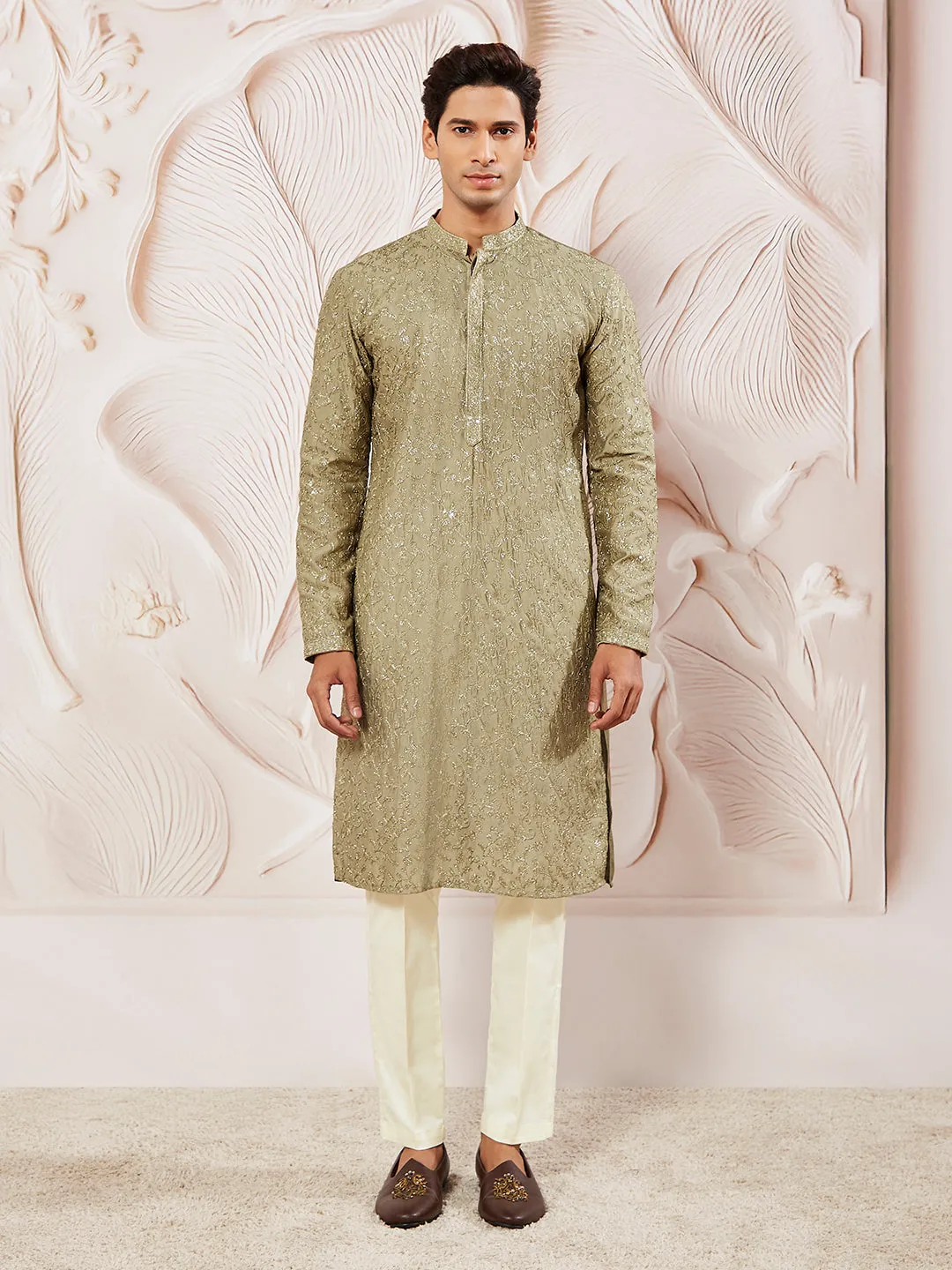 VASTRAMAY Men's Chiku Silk Blend Kurta Pyjama Set