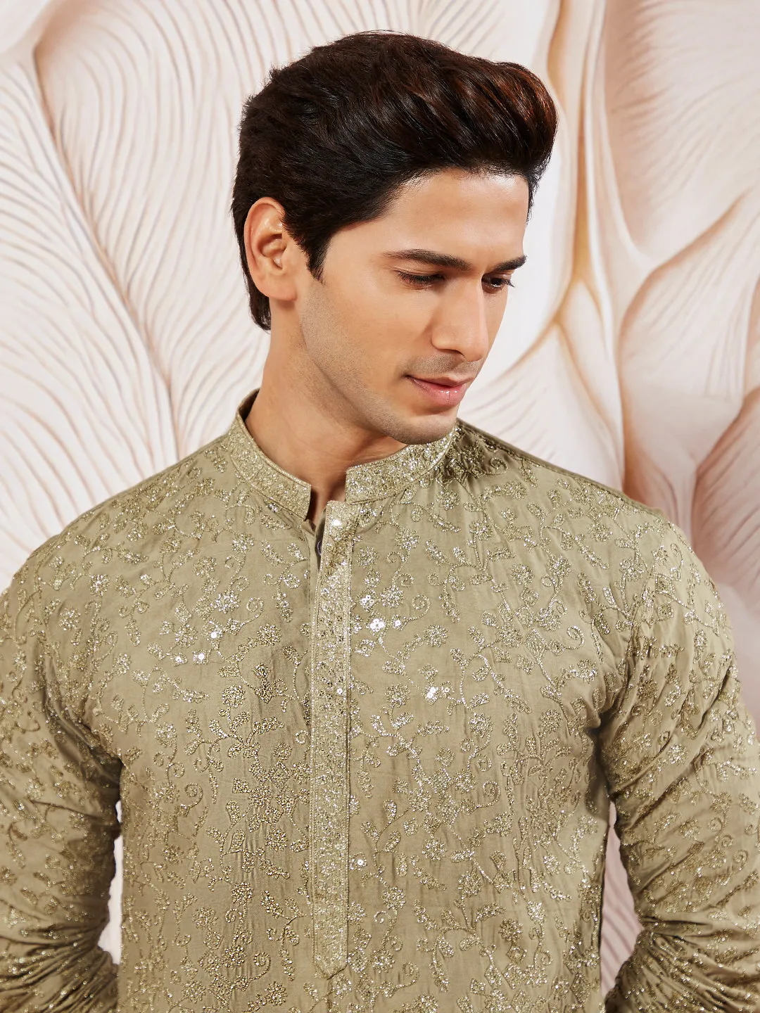 VASTRAMAY Men's Chiku Silk Blend Kurta Pyjama Set