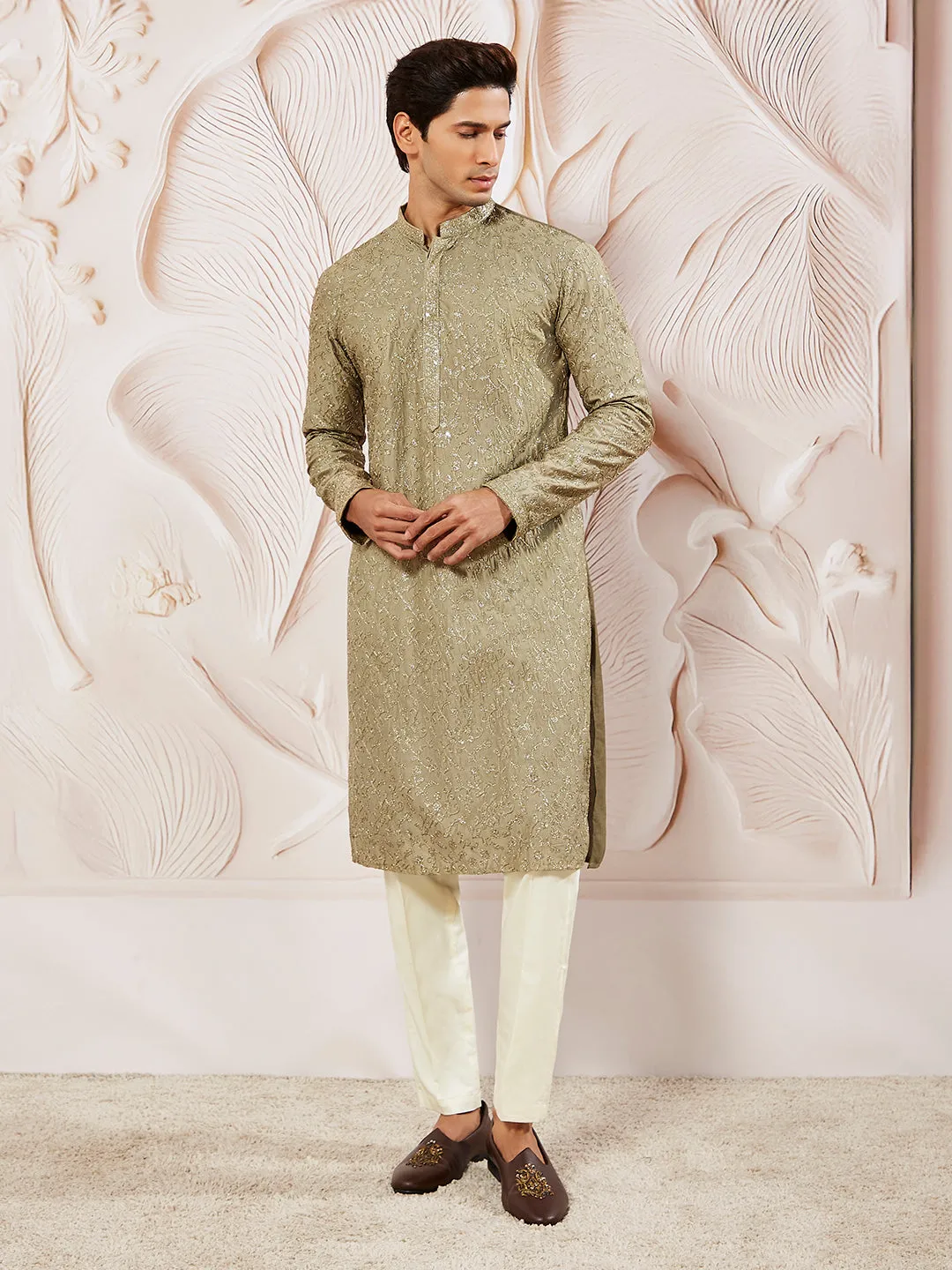 VASTRAMAY Men's Chiku Silk Blend Kurta Pyjama Set