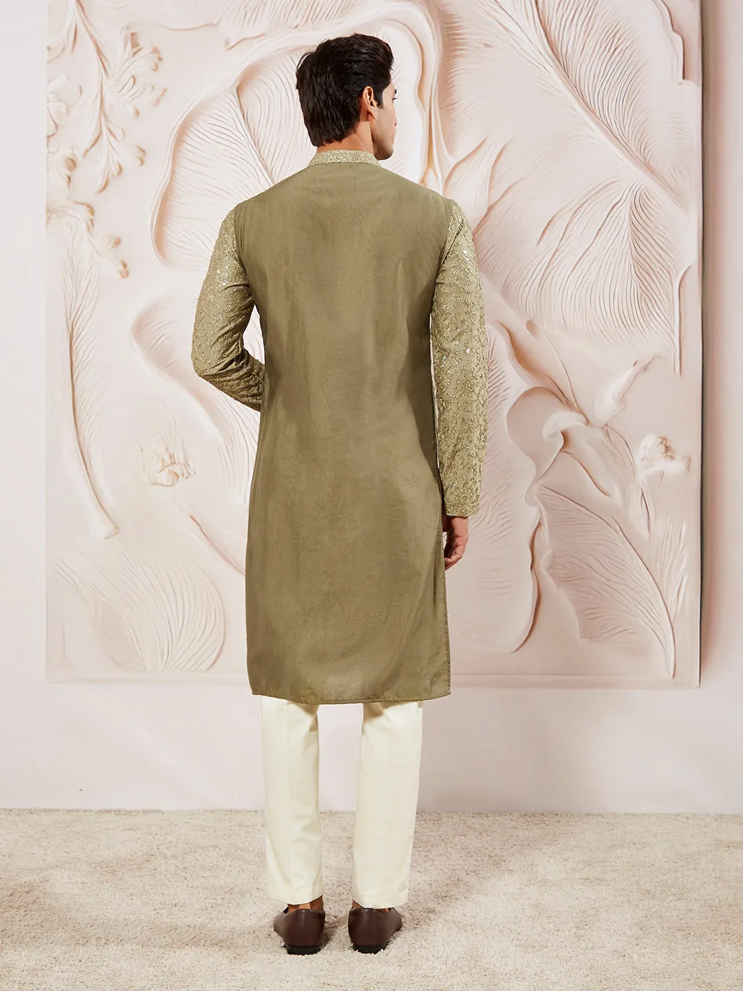 VASTRAMAY Men's Chiku Silk Blend Kurta Pyjama Set