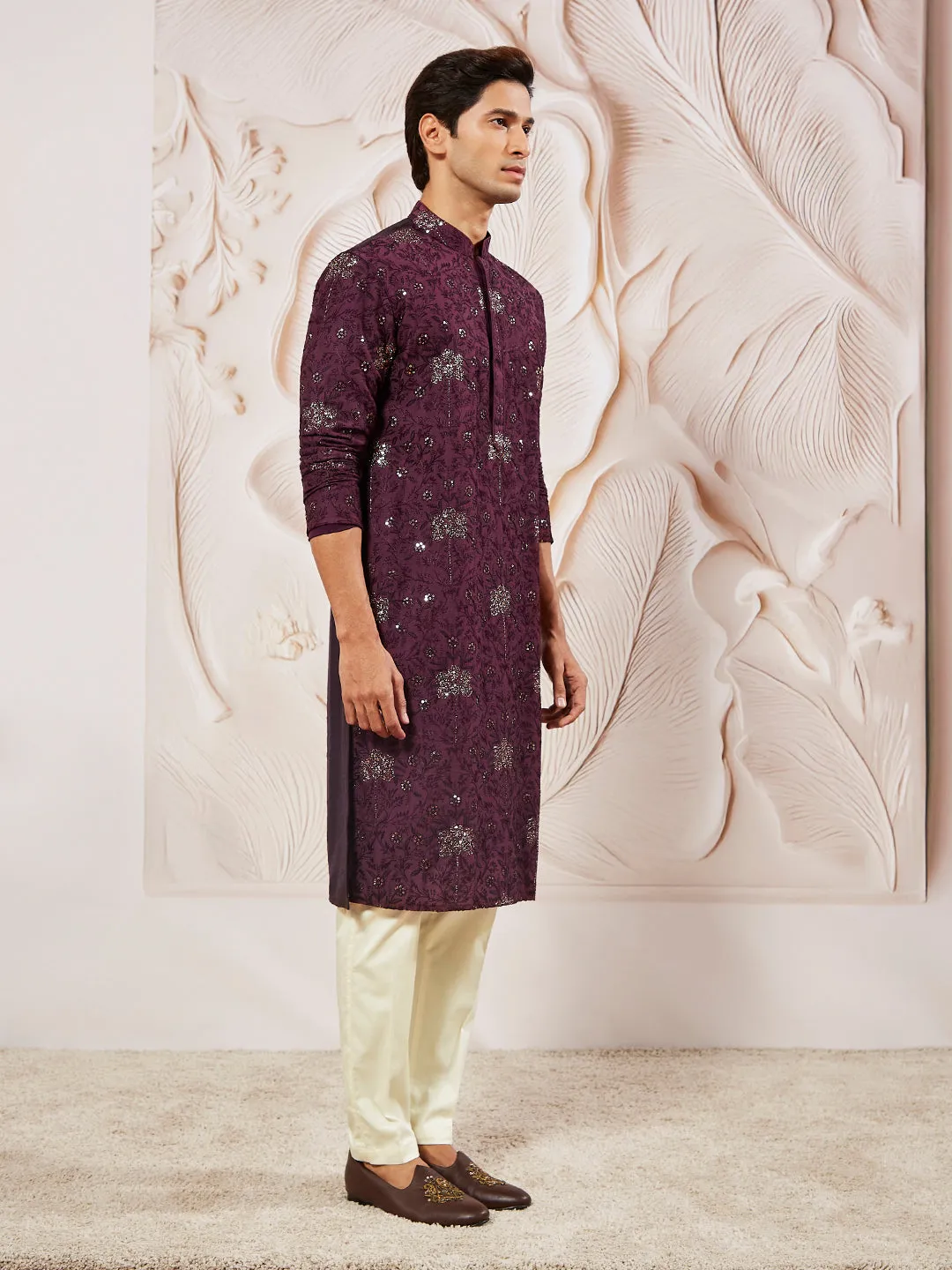 VASTRAMAY Men's Wine Silk Blend Kurta Pyjama Set
