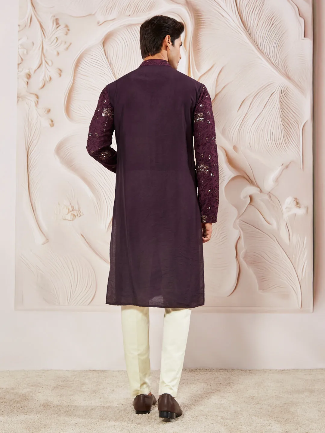 VASTRAMAY Men's Wine Silk Blend Kurta Pyjama Set