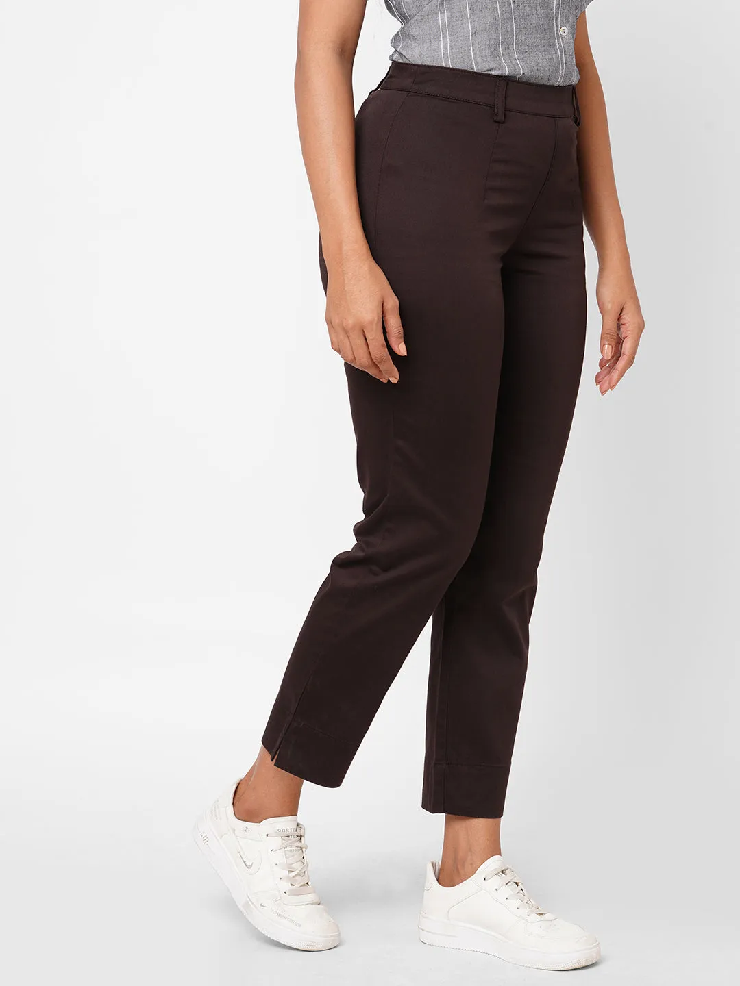 Women's Brown Cotton Lycra Regular Fit Pant