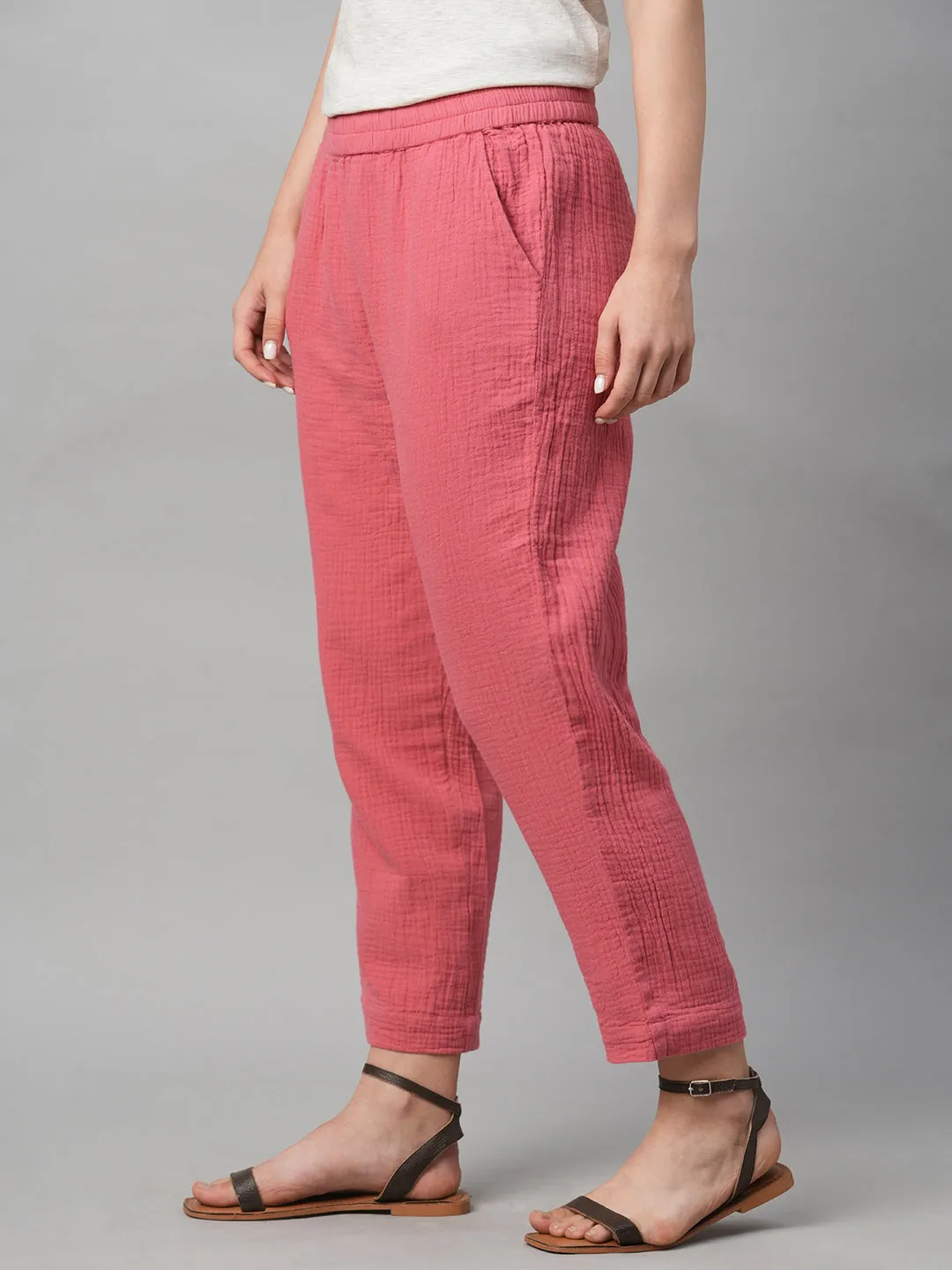 Women's Pink Cotton Regular Fit Pant