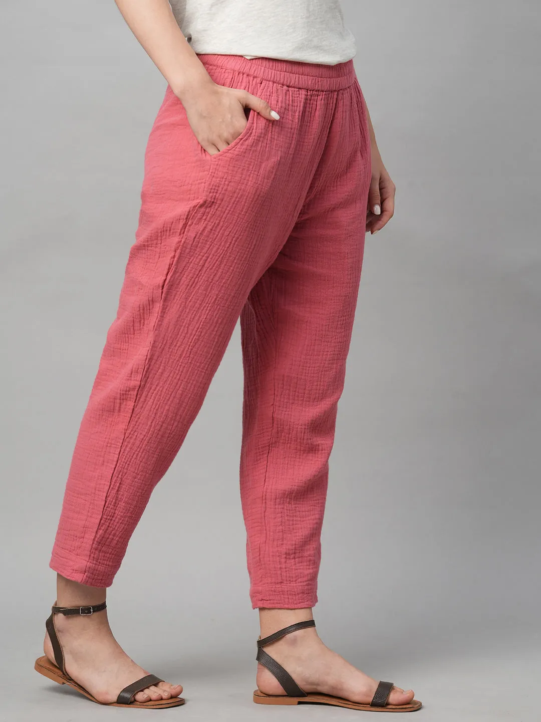 Women's Pink Cotton Regular Fit Pant